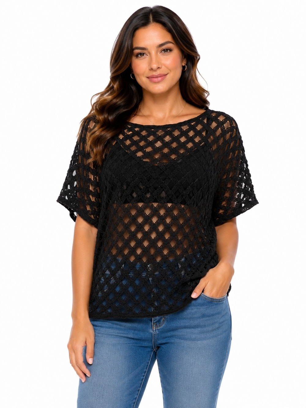 torrid Black Open-Weave Short Sleeve Knit Top